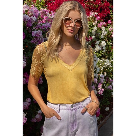 POL Golden Yellow Buttery Soft Short Lace Sleeve Tee - Picture 11 of 12
